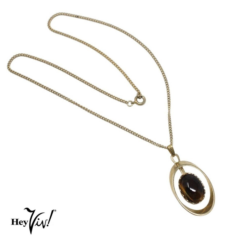Vintage Gold Chain Necklace w Shiny Deep Brown Oval Pendant 18" Long - Hey Viv